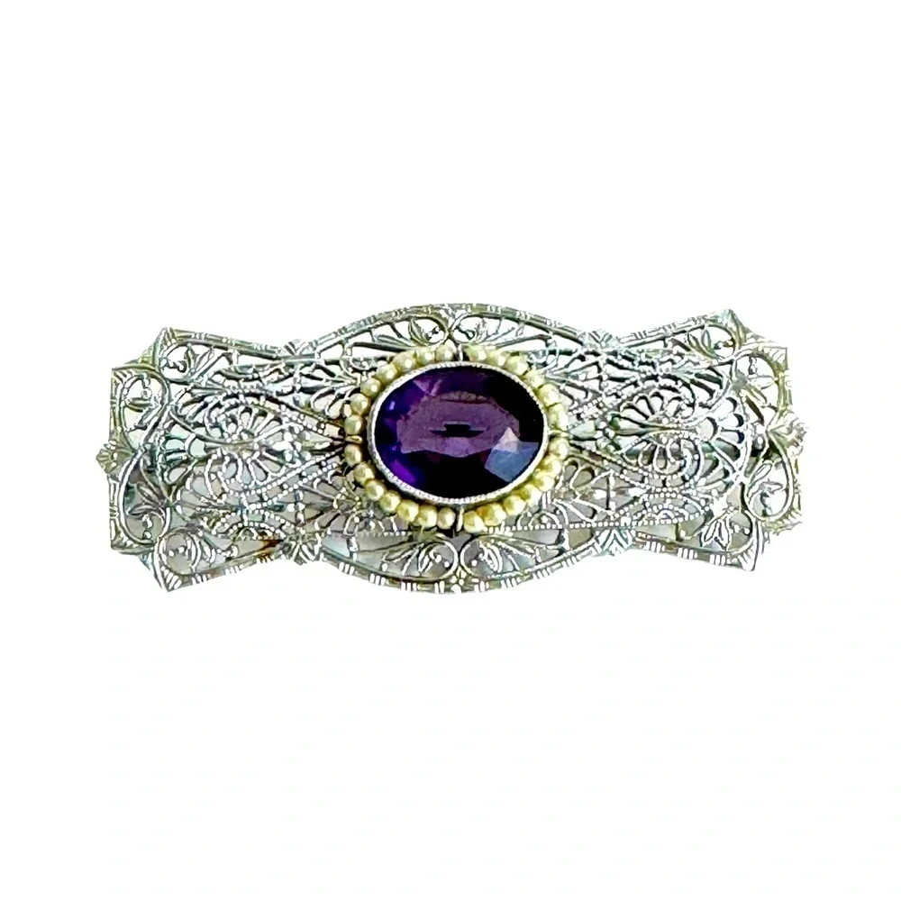 10K White Gold Filigree Brooch Amethyst Pearl Antique Ornate Pin Estate Piece